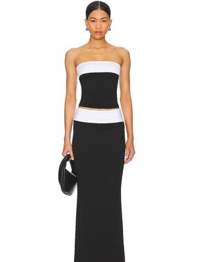 superdown Black and White Fold-Over Waist Maxi Skirt